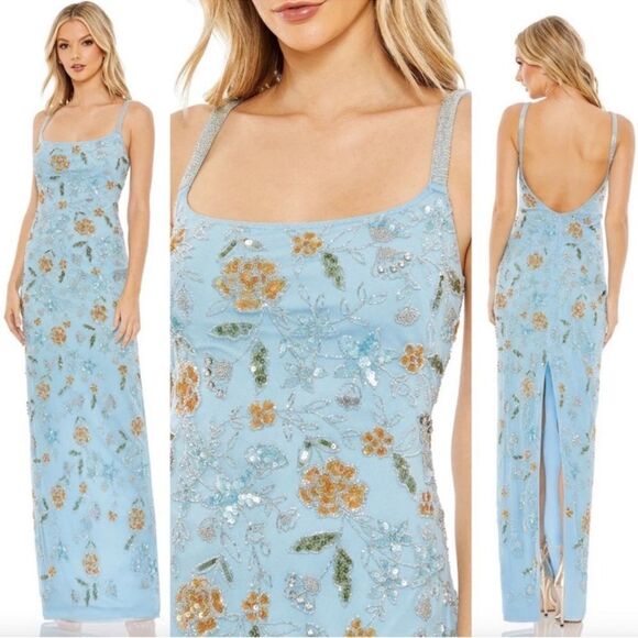 Mac Duggal 10808 Womens Blue Hand Beaded Floral Gown Dress Blue - Picture 1 of 16